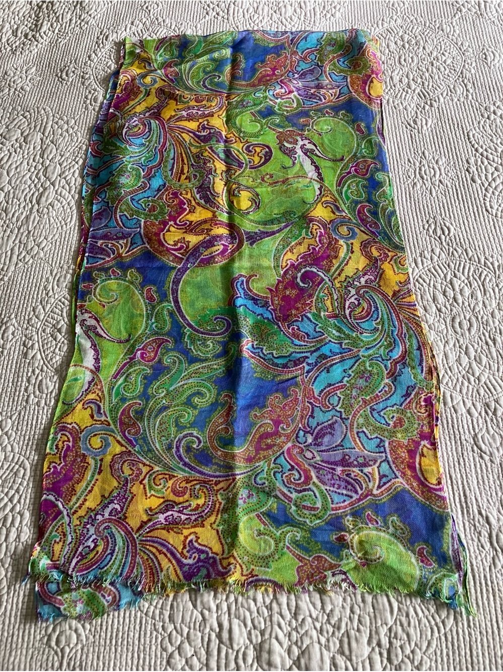 VTG Ralph Lauren colorful paisley oblong scarf with raw edge